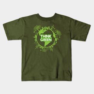 Think green lettering design inside earth globe surrounded by clean energy Kids T-Shirt